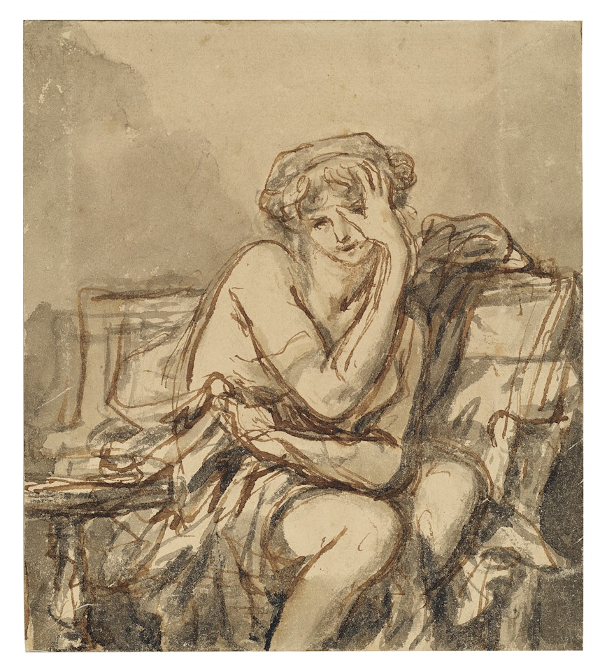 A seated young woman clasping her forehead (recto); A reclining woman, bust-length, her arm raised to her head (verso) by Jean-Baptiste Greuze