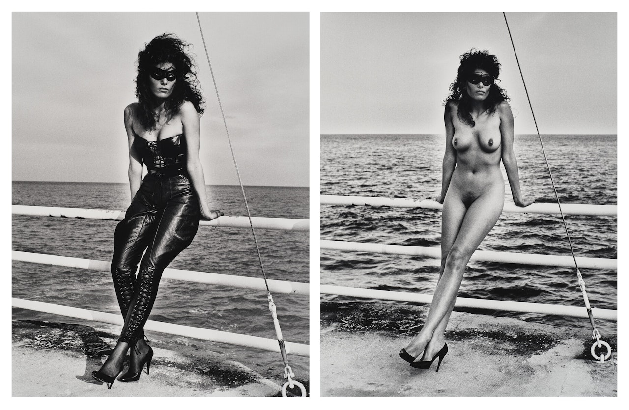 Alexandra, masked and dressed by the seaside, Monte-Carlo; Alexandra, masked and nude by the seaside, Monte- Carlo by Helmut Newton