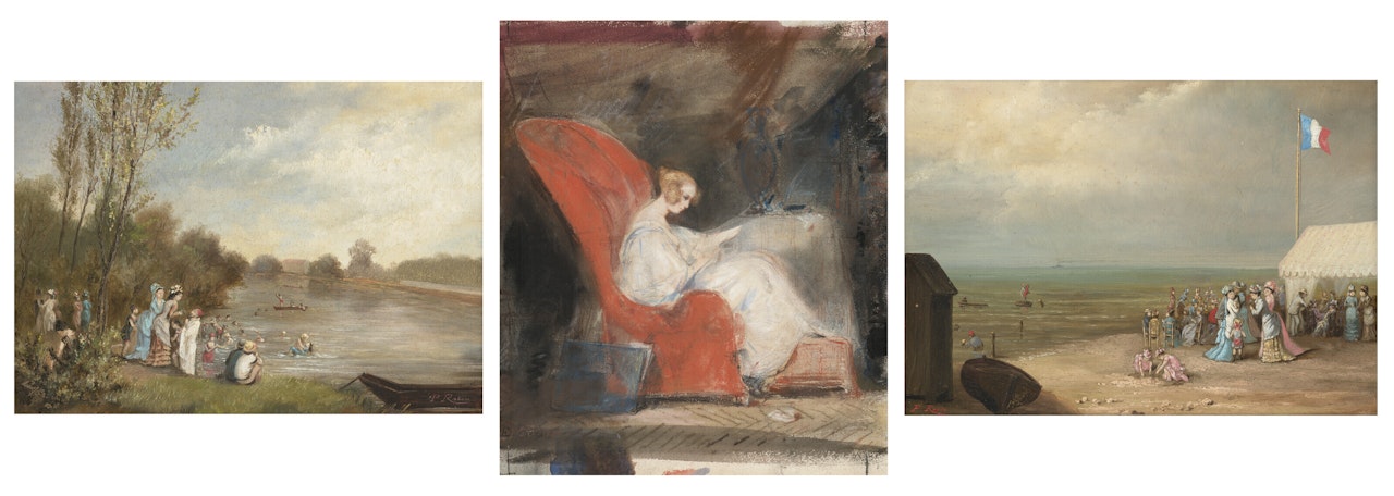 Femme en blanc assise dans un fauteuil rouge; and Sur la Plage; Par la Rivière by French School