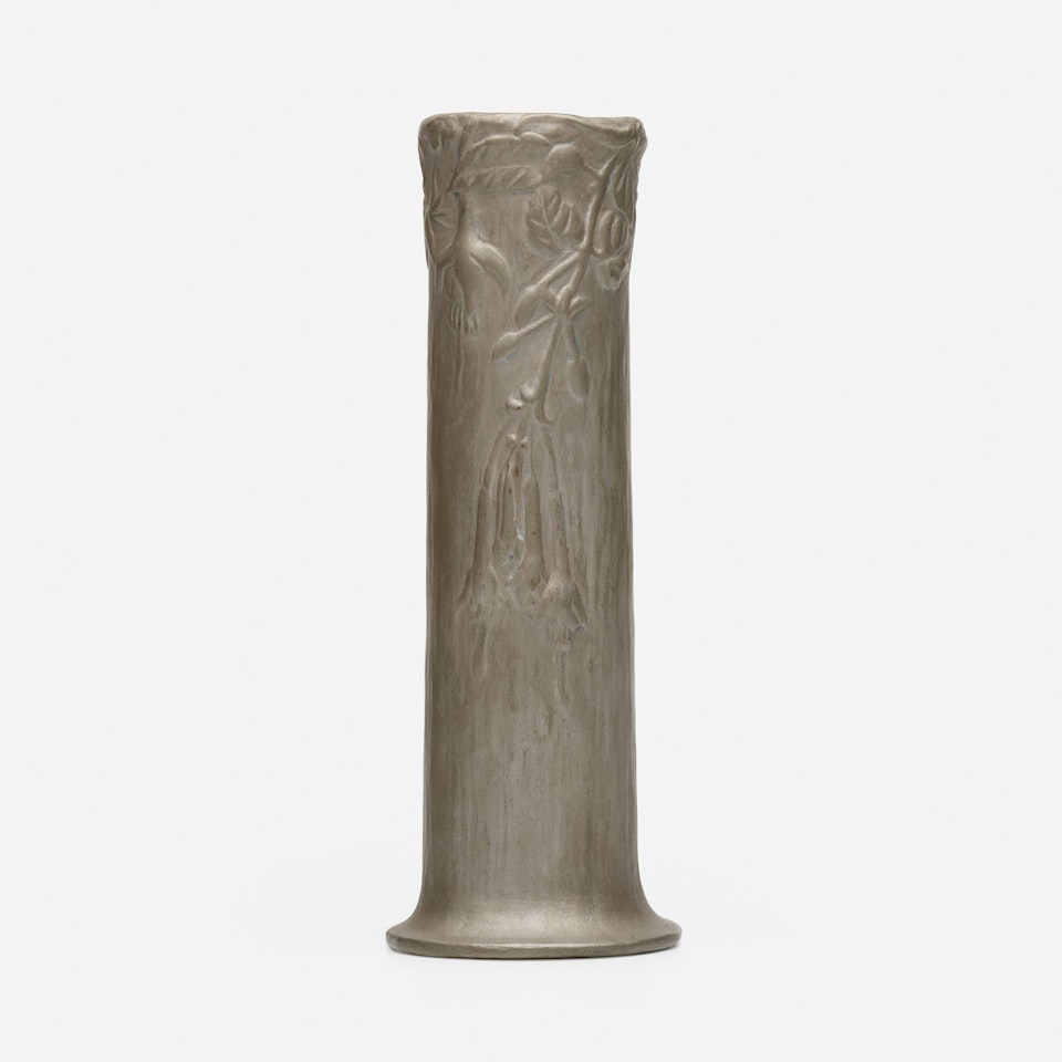 Rare Favrile Bronze Pottery vase with trumpet flowers by Tiffany Studios