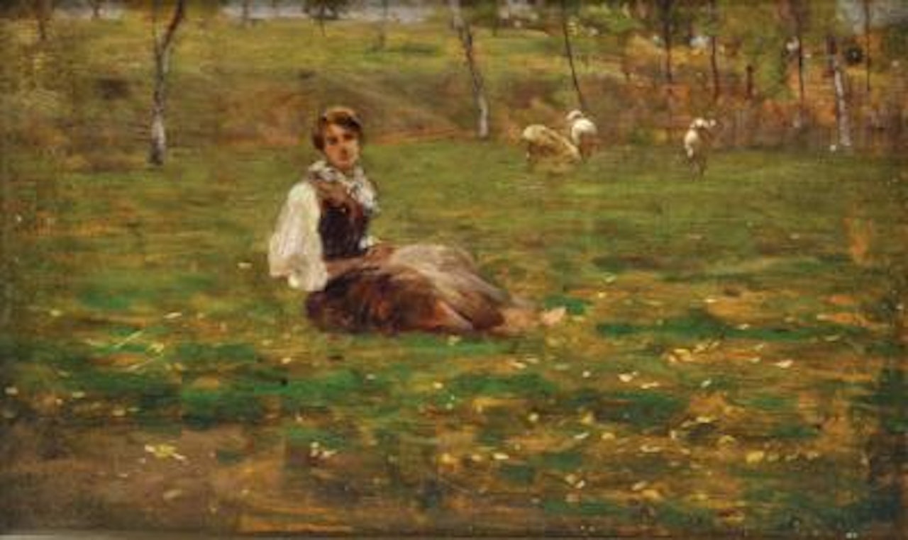 A sheep shepherdess in a meadow by Guglielmo Ciardi
