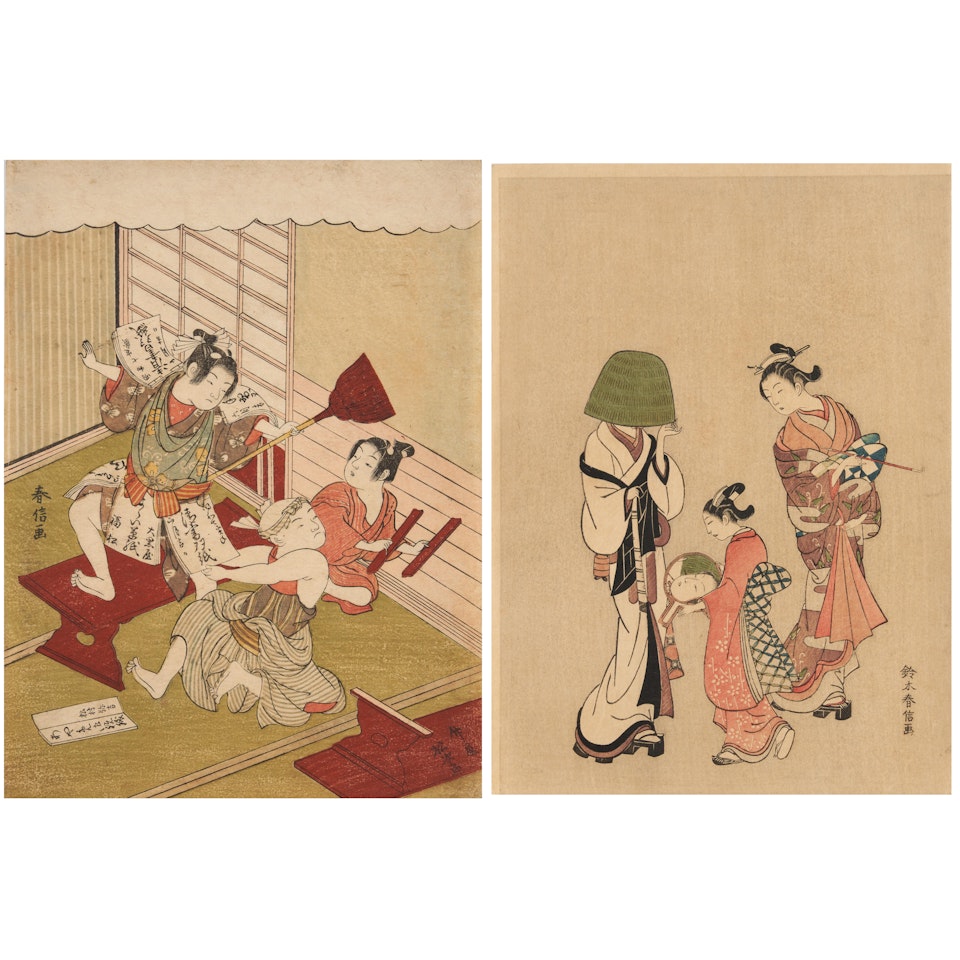 three boys playing a scene from the Soga Brothers in a study room with desks by Suzuki Harunobu