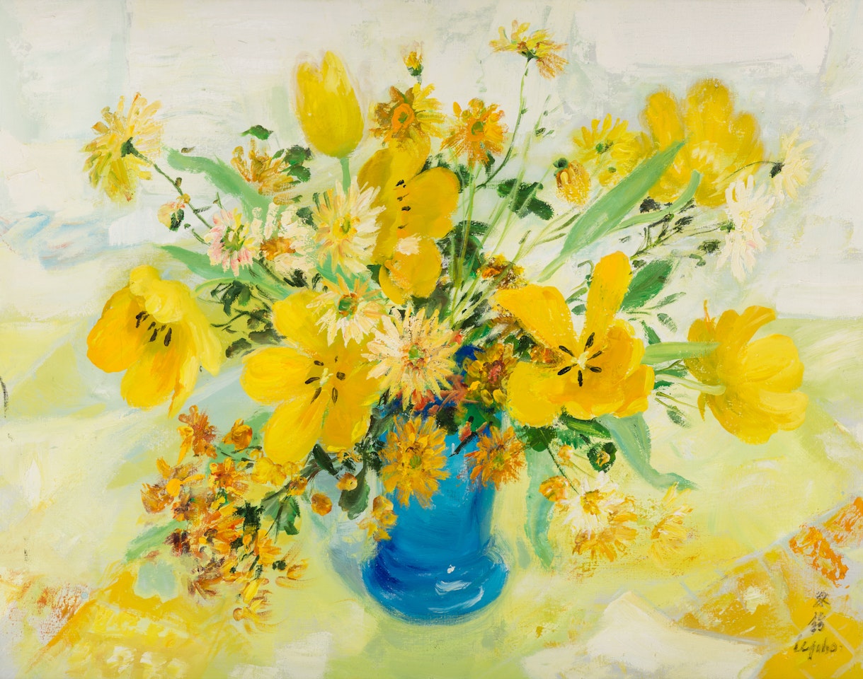 Flowers in a Blue Vase by Le Pho