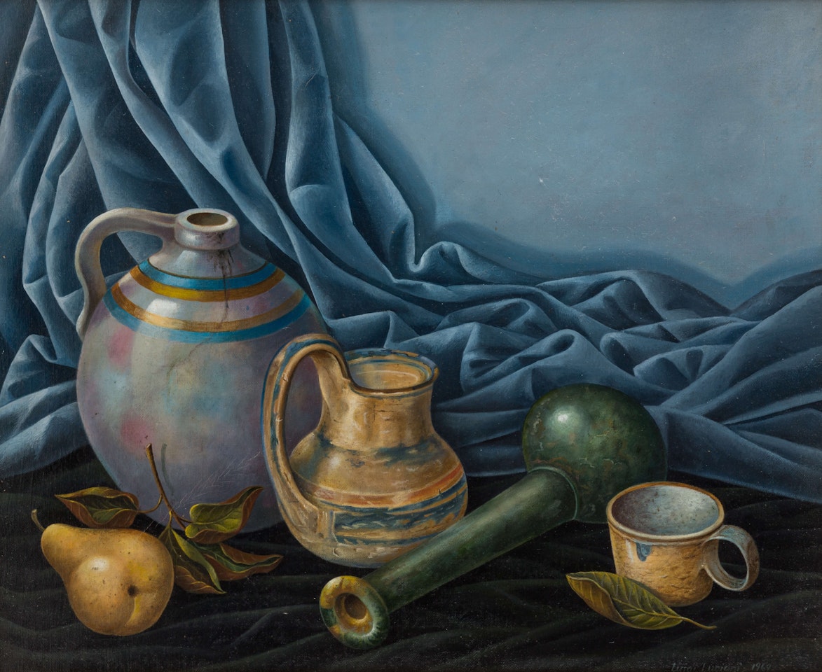 Three Vases, Cup, and Pear by Luigi Lucioni