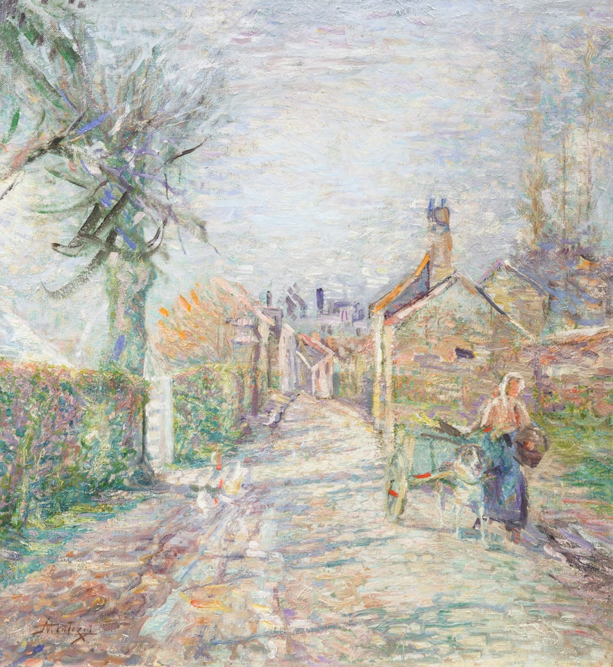 Street Scene with Cart-pushing Lady and Dog by Pierre Eugène Montezin