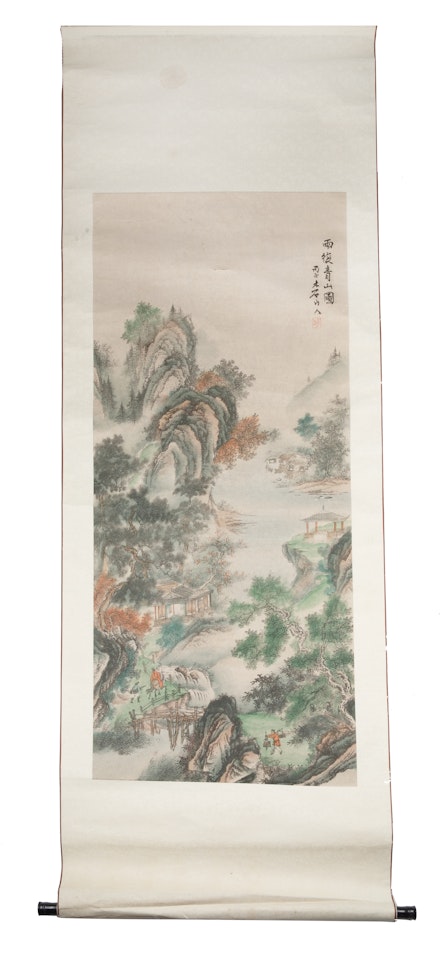 LANDSCAPE HANGING SCROLL; Mountain Top Village by Chinese School