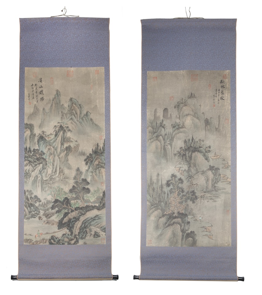 PAIR OF CHINESE SCHOOL LANDSCAPE HANGING SCROLLS; Forest in the Mist by Chinese School