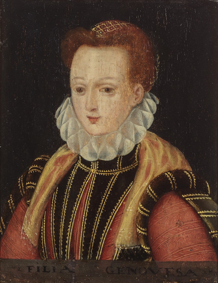 Portrait of a lady, bust-length, in a black, gold and red dress by French School