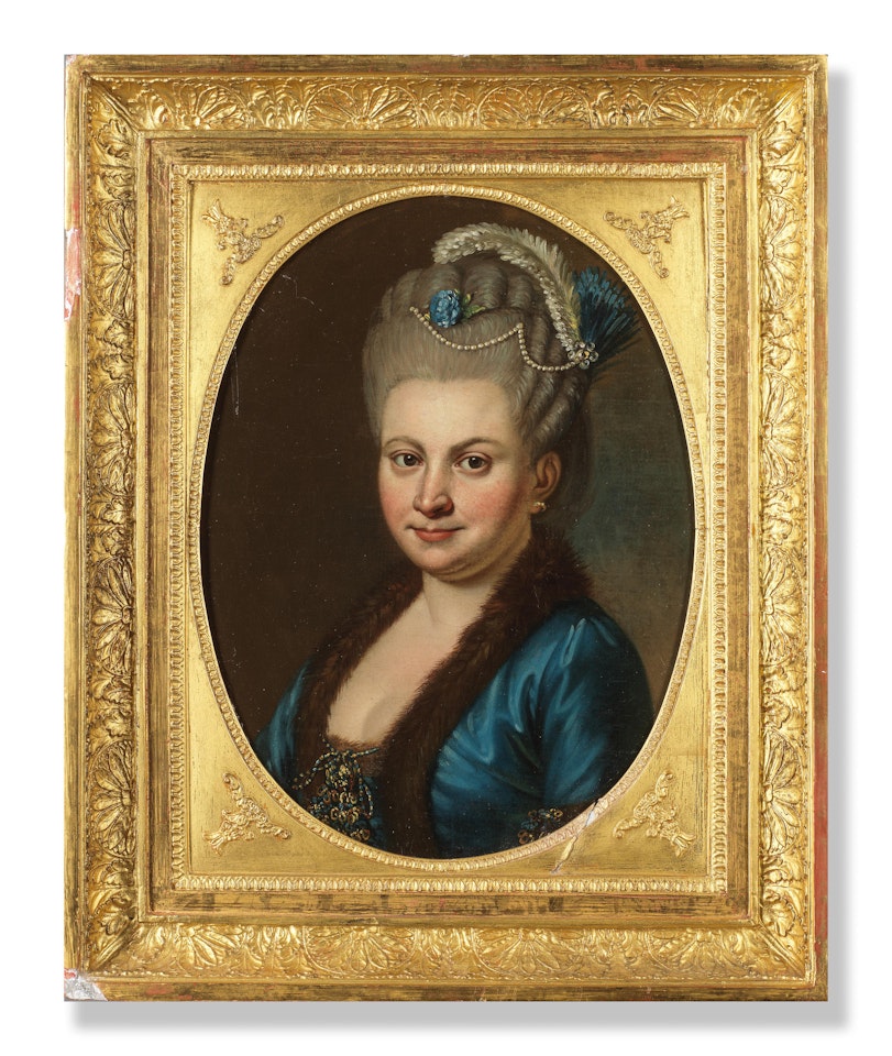 Portrait of a lady, bust-length, in a fur-trimmed blue satin dress and a feather headdress by German School