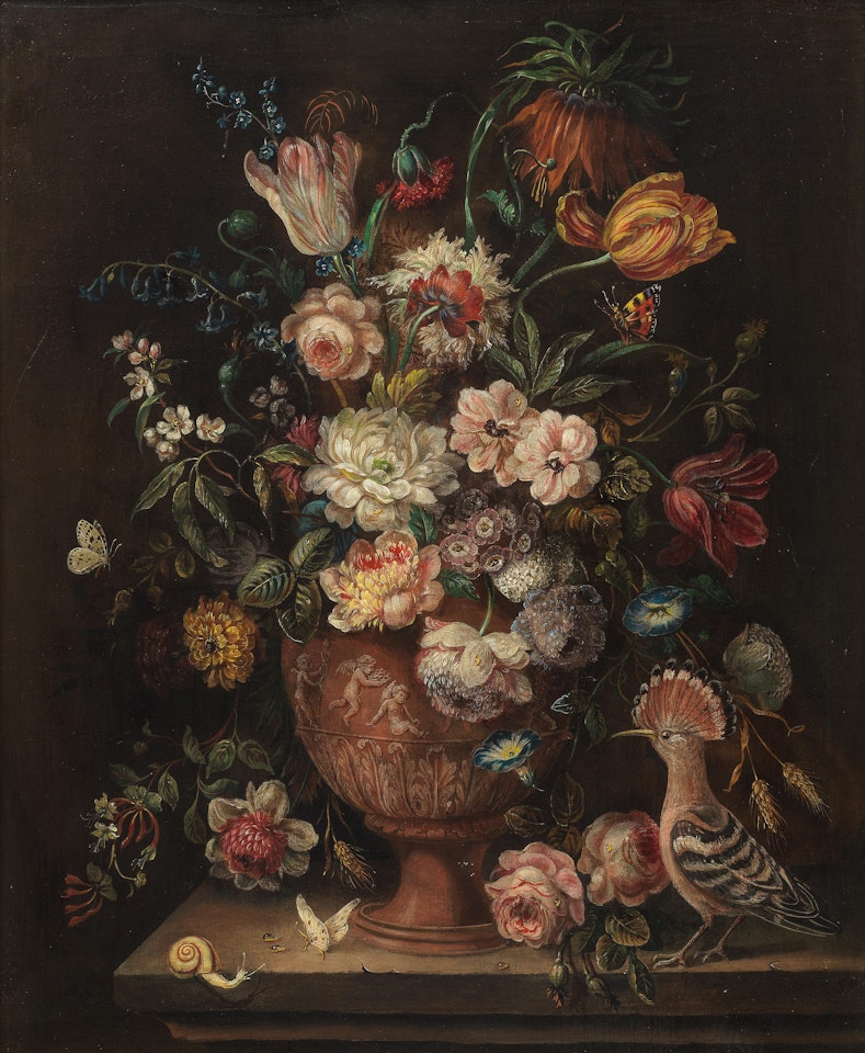 Still life of flowers with a hoopoe on a tabletop by German School