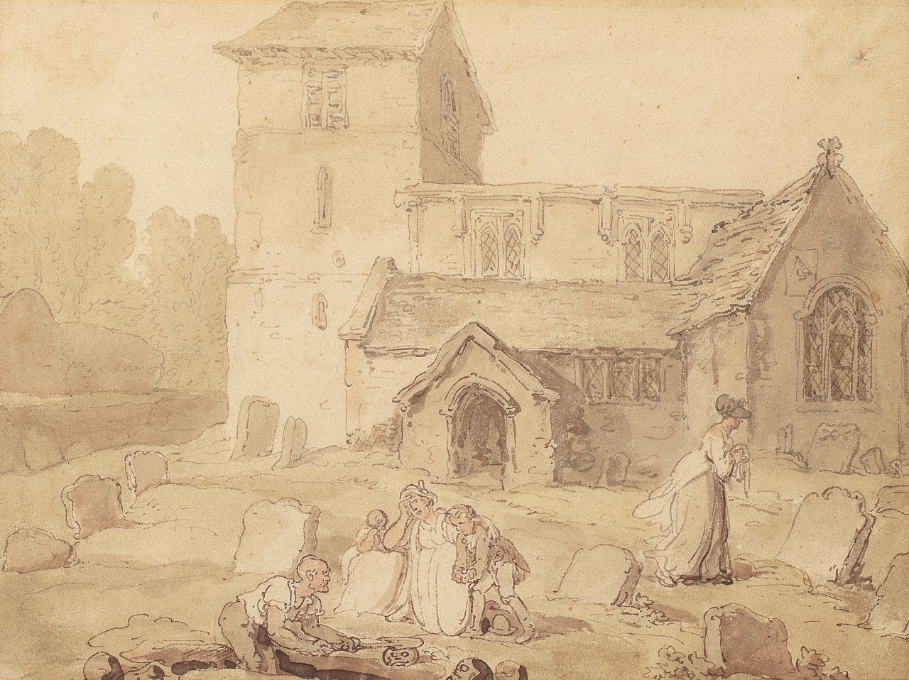 Figures before Wadenhoe Church, Northamptonshire by Thomas Rowlandson