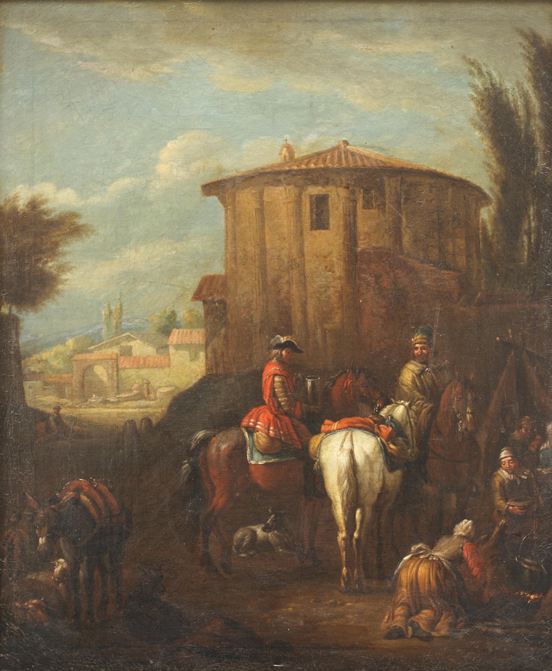 Figures on horses resting at a camp in a town, a landscape beyond by Pieter van Bloemen