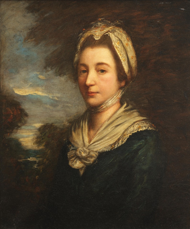 Portrait of a lady, half-length, in a blue dress, before a landscape by English School