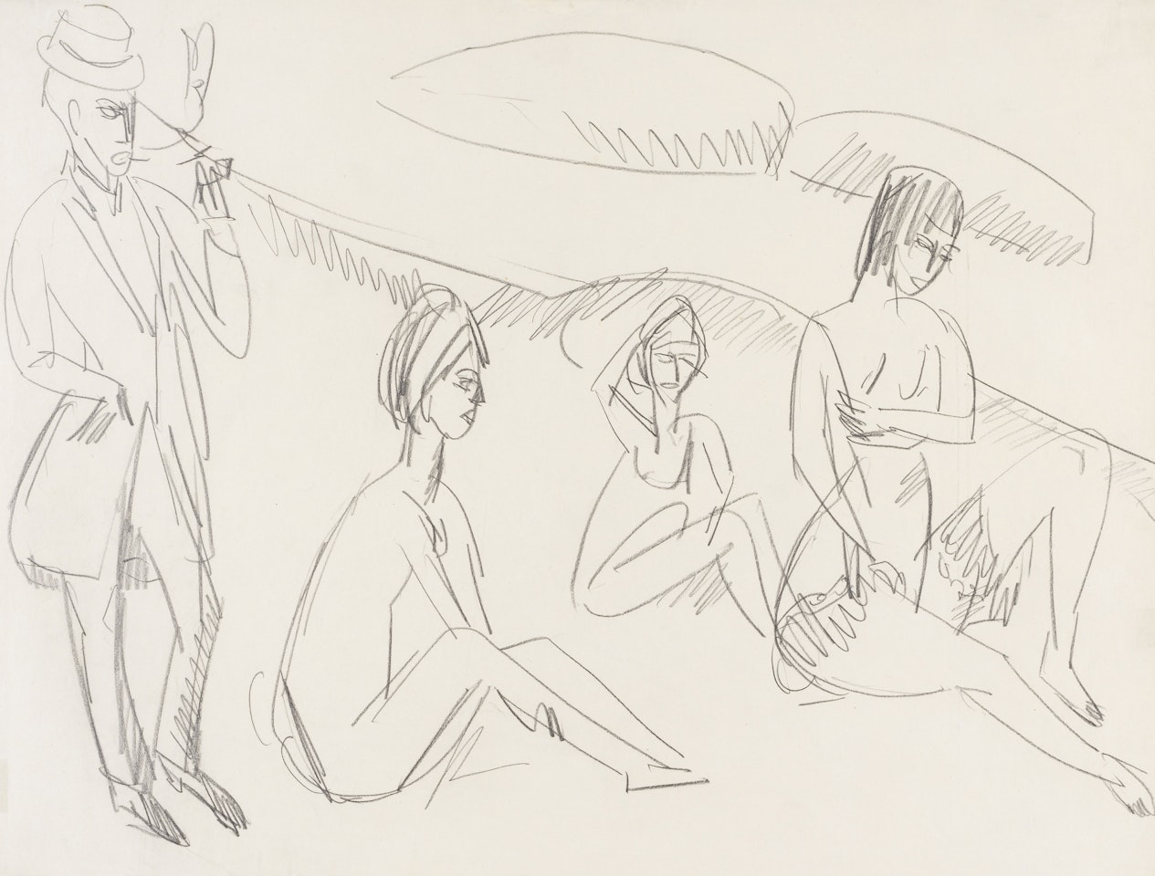 Drei sitzende nackte Mädchen und Pfeife rauchender Maler am Strand by Ernst Ludwig Kirchner