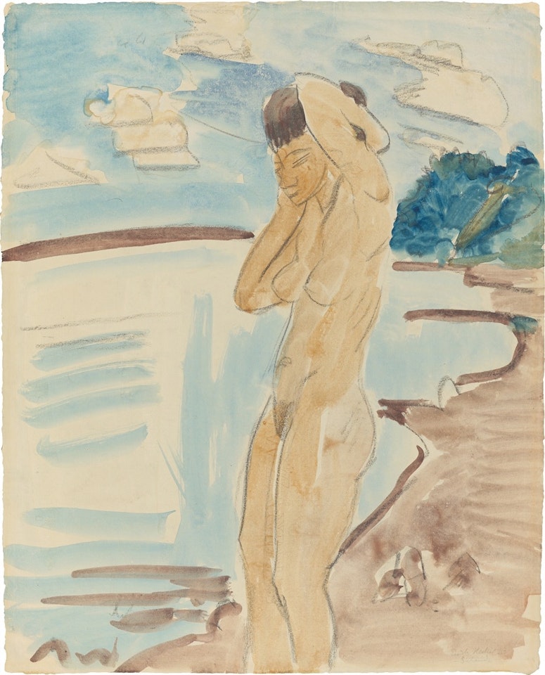 Standing female nude on the beach by Erich Heckel