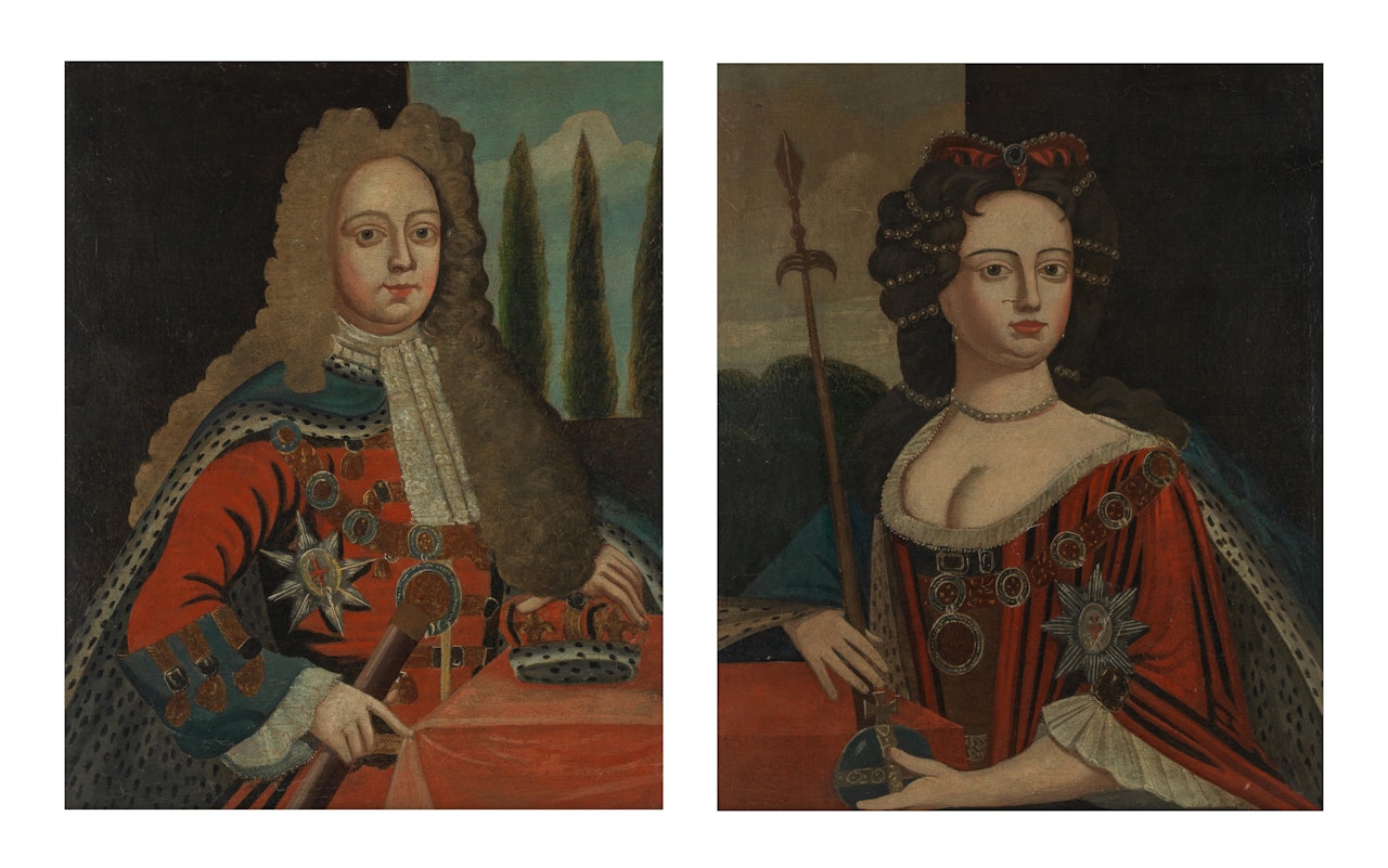 Portrait of a George II and Queen Anne before poplar trees, a pair by Continental School