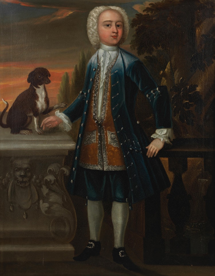 Full length portrait of a gentleman in a blue coat with a dog by English School