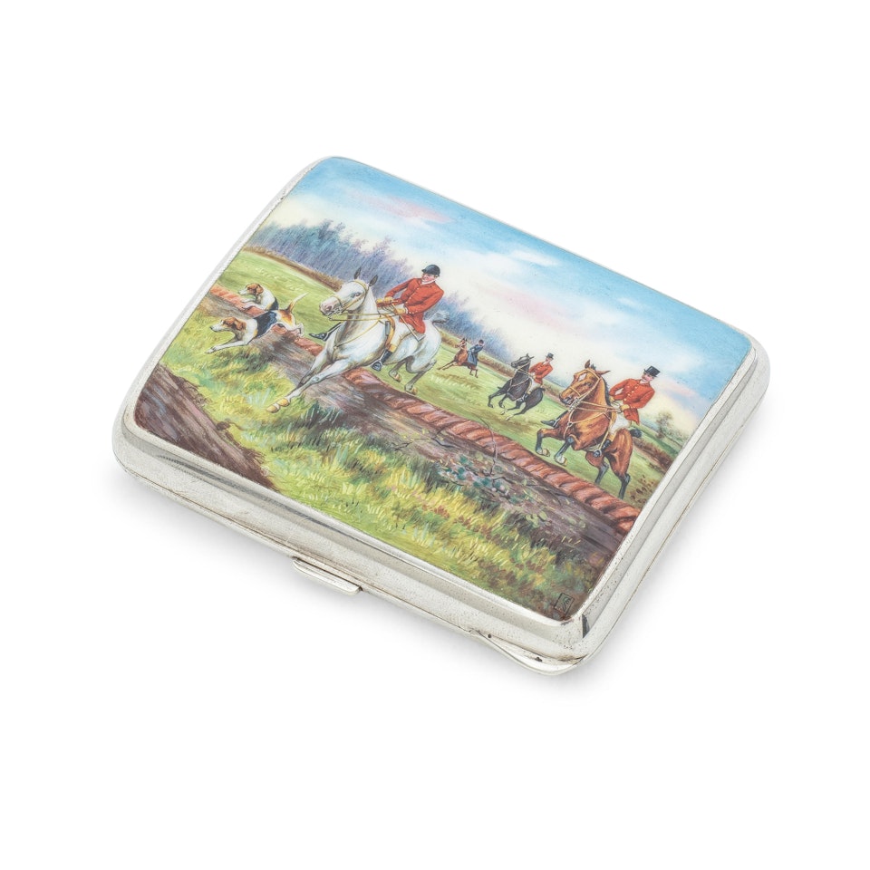 A silver and enamel hunting scene cigarette case by Unknown Jewelry Maker