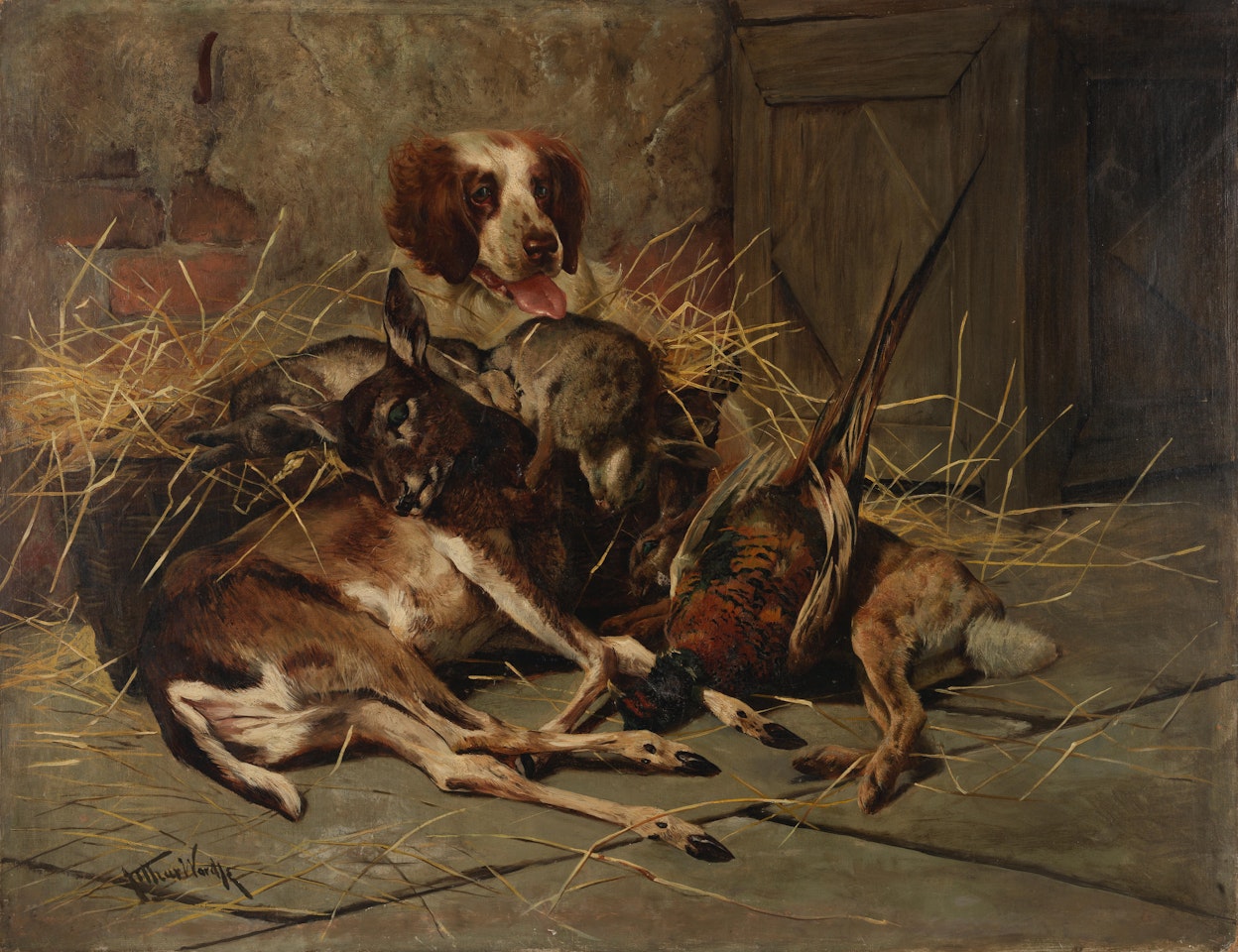 Spaniel with game by Arthur Wardle
