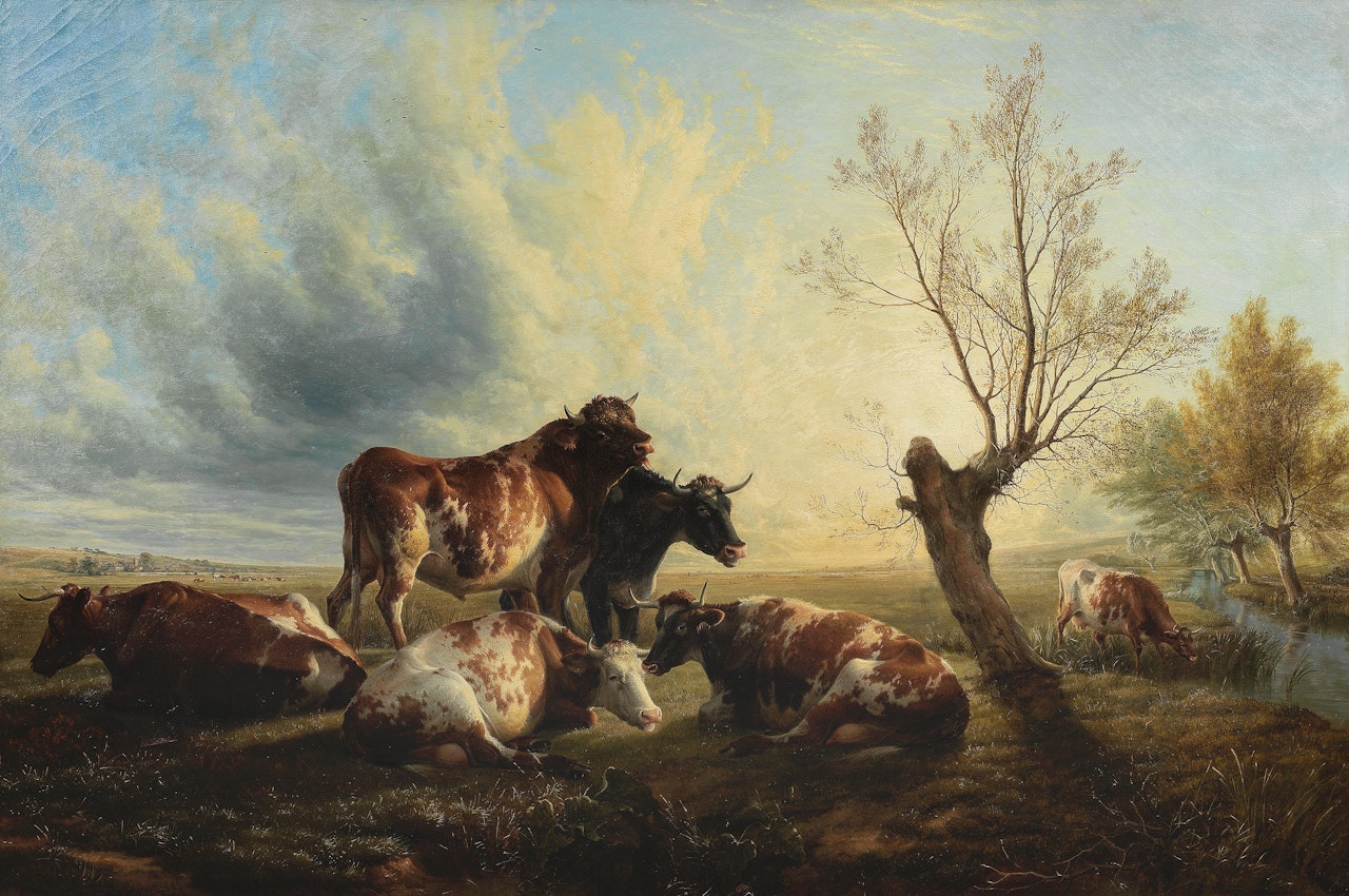 In the meadows at curfew hour by Thomas Sidney Cooper