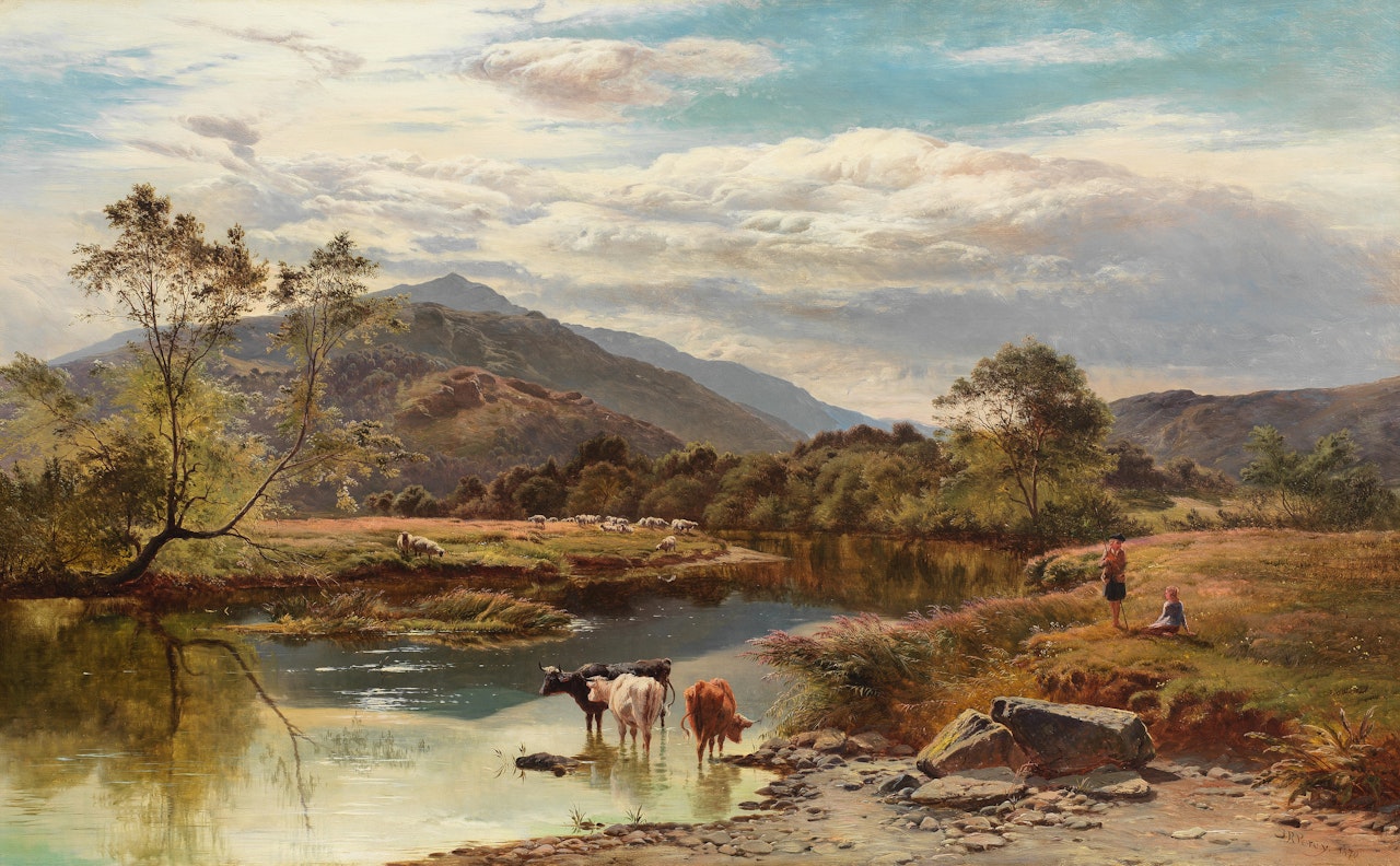 River landscape with cattle watering by Sidney Richard Percy