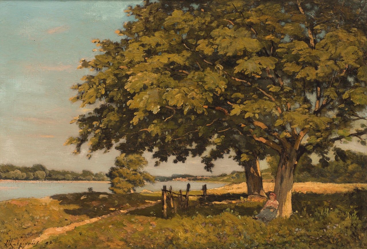 Landscape with river and lady seated under a tree by Henri Harpignies