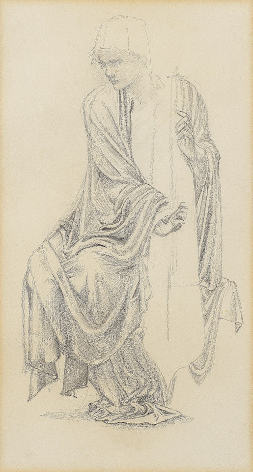 Two studies for The Last Sleep of Arthur in Avalon; Drapery study for an attendant playing the harp to the left of Arthur"s Head; Drapery study for an attendant seated at the King"s feet playing a stringed instrument by Edward Coley Burne-Jones