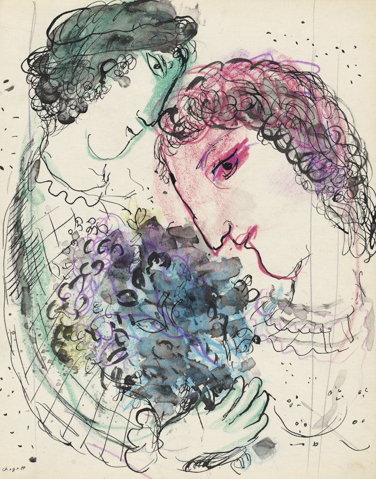 Amoureux aux profils vert et rose by Marc Chagall