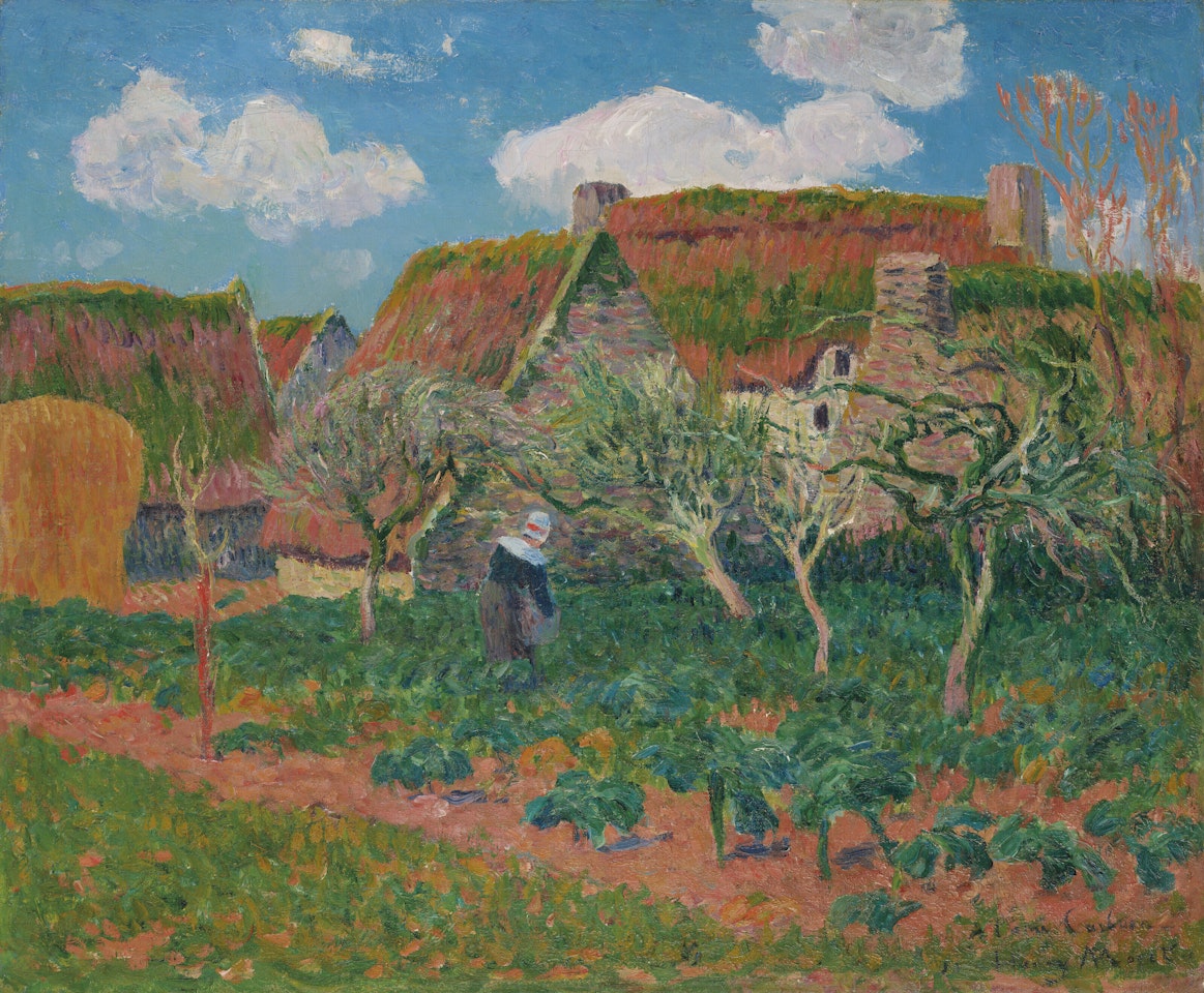 Bretonne jardinant près des chaumières by Henry Moret