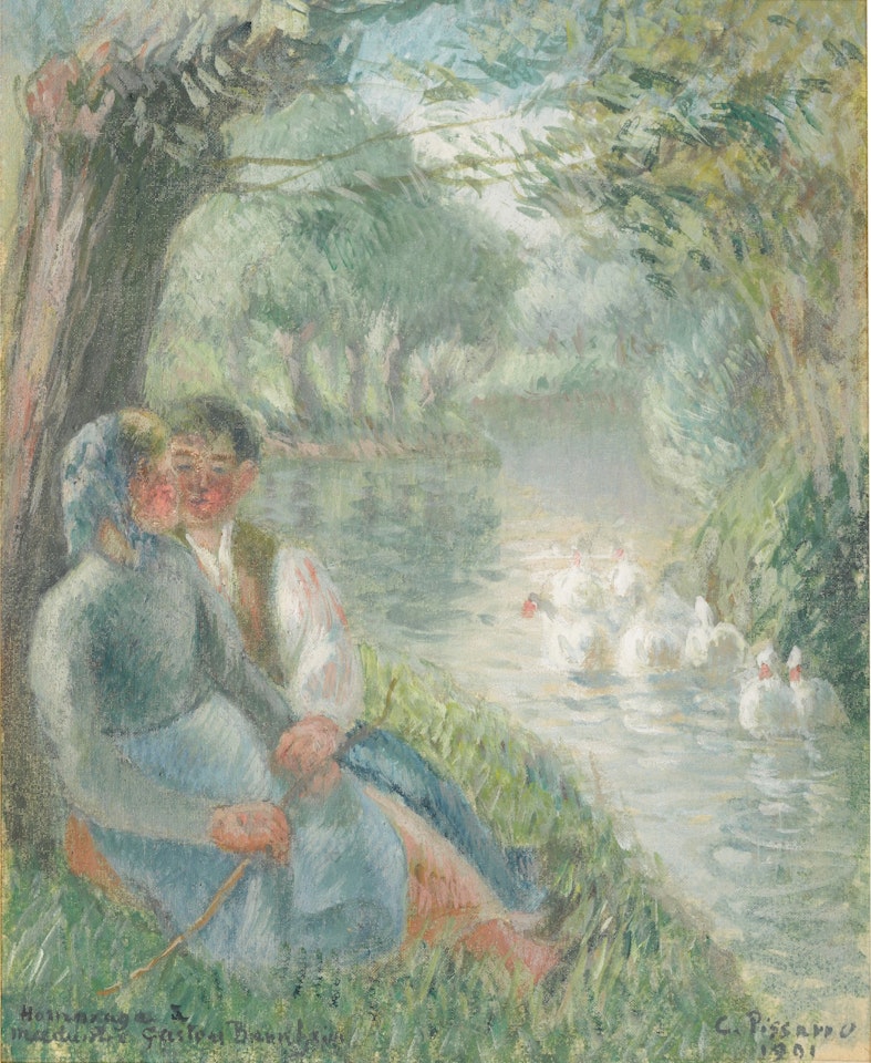 Couple d"amoureux assis au pied d"un saule by Camille Pissarro