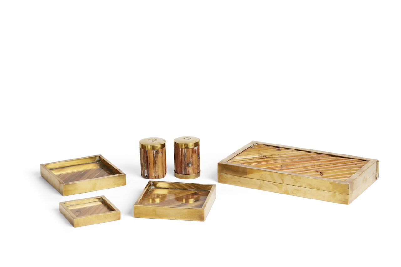 Ensemble de trois vide-poches, deux bougeoirs et une boîte, série "Bamboo" by Gabriella Crespi