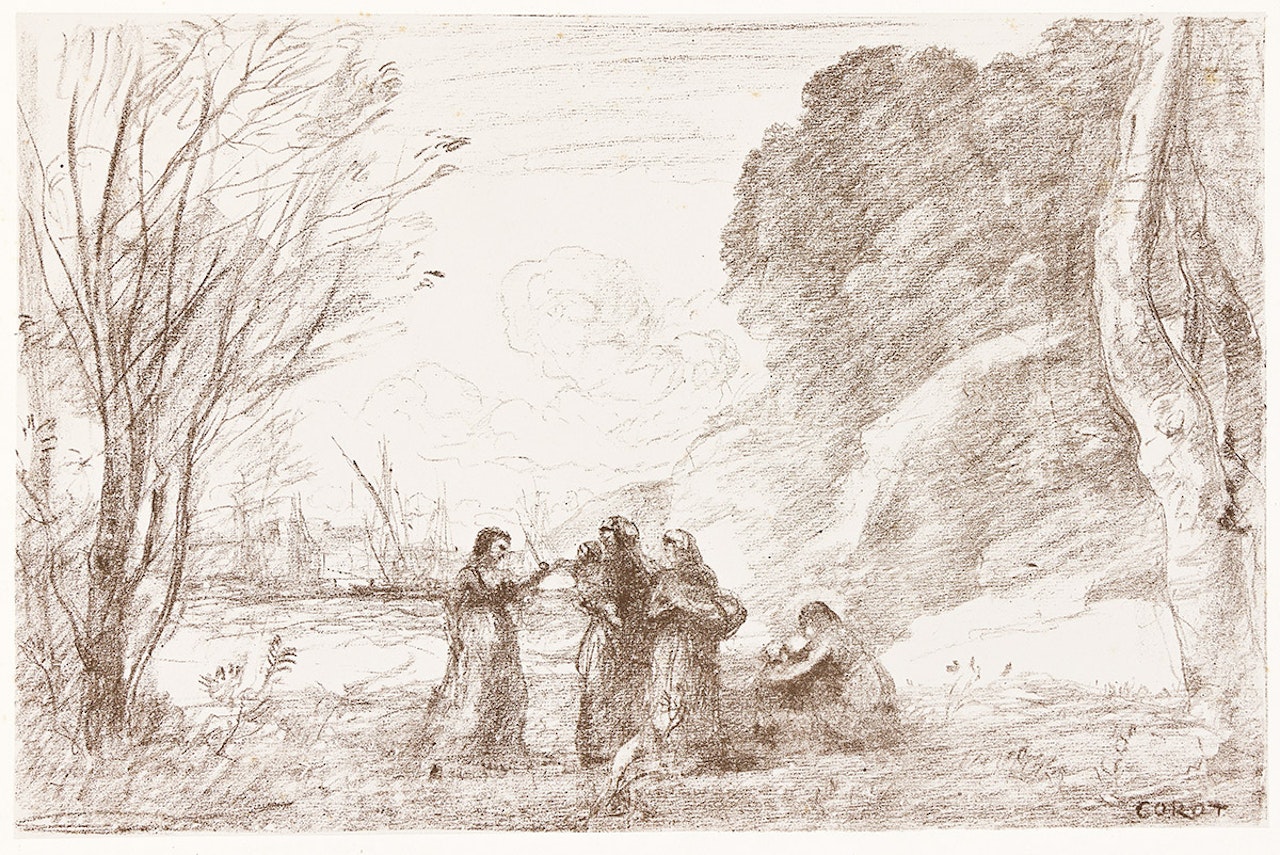 Une Famille à Terracine. by Jean Baptiste Camille Corot
