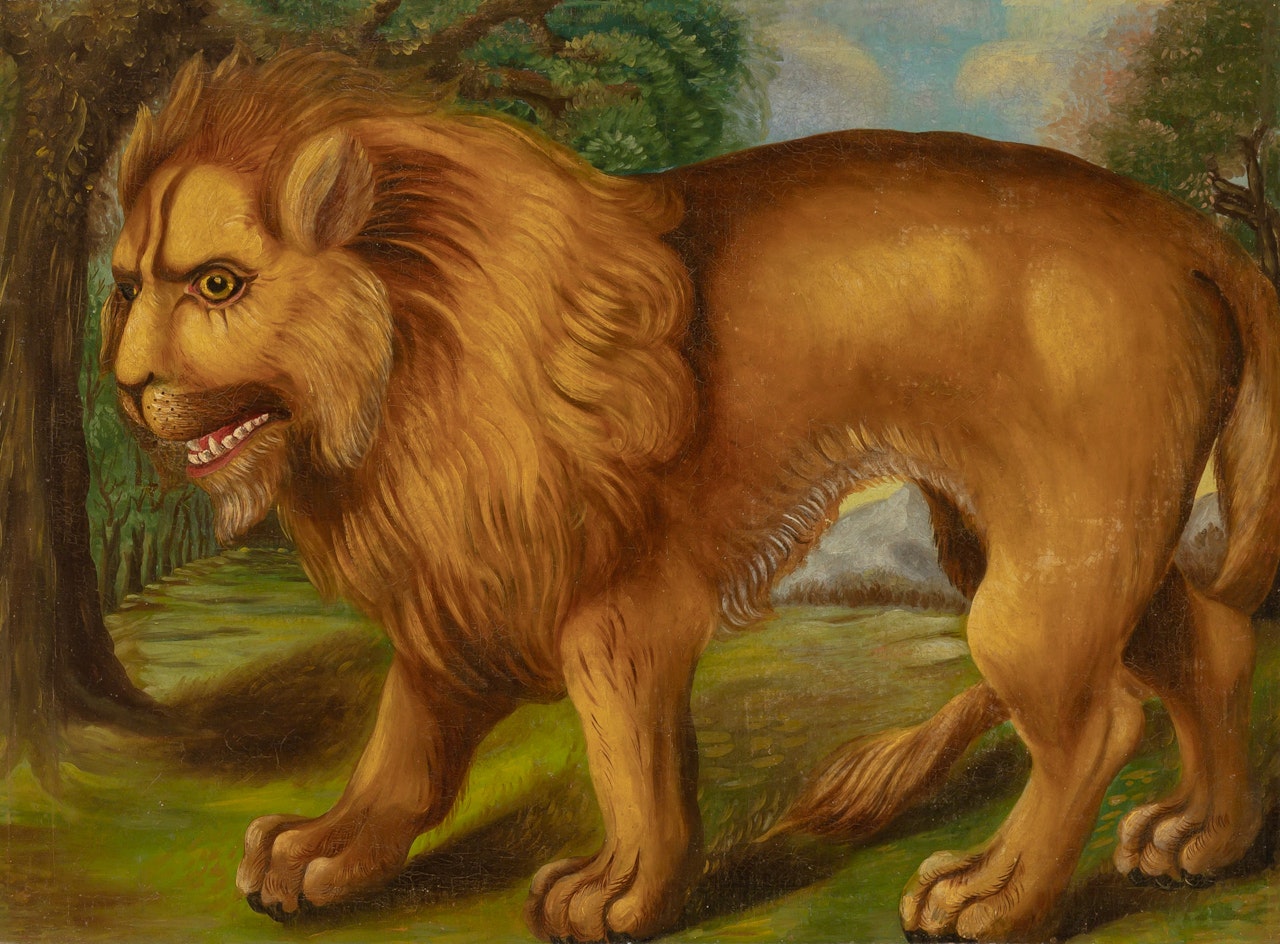A Lion Walking through a Wooded Landscape by Continental School