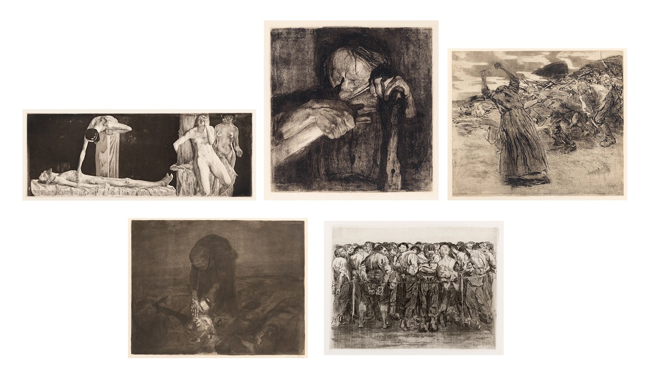 ZERTRETENE; BEIM DENGELN; LOSBRUCH; SCHLACHTFELD; DIE GEFANGENEN (KLIPSTEIN 48, 90, 66, 96, 98; KNESEBECK 49, 88, 70, 100, 102) by Kathe Kollwitz