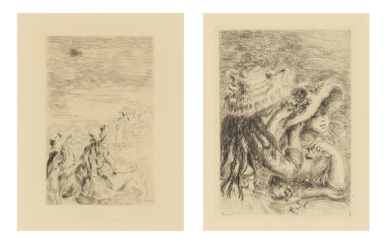 SUR LA PLAGE À BERNEVAL; LE CHAPEAU ÉPINGLÉ (DELTEIL, STELLA 5; 8) by Pierre-Auguste Renoir