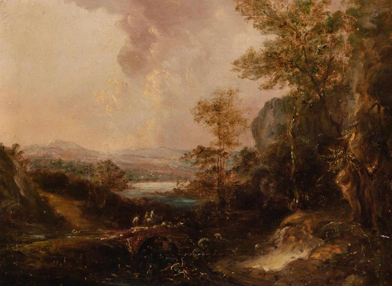 Figures Crossing a Bridge in a Mountainous Landscape by Continental School