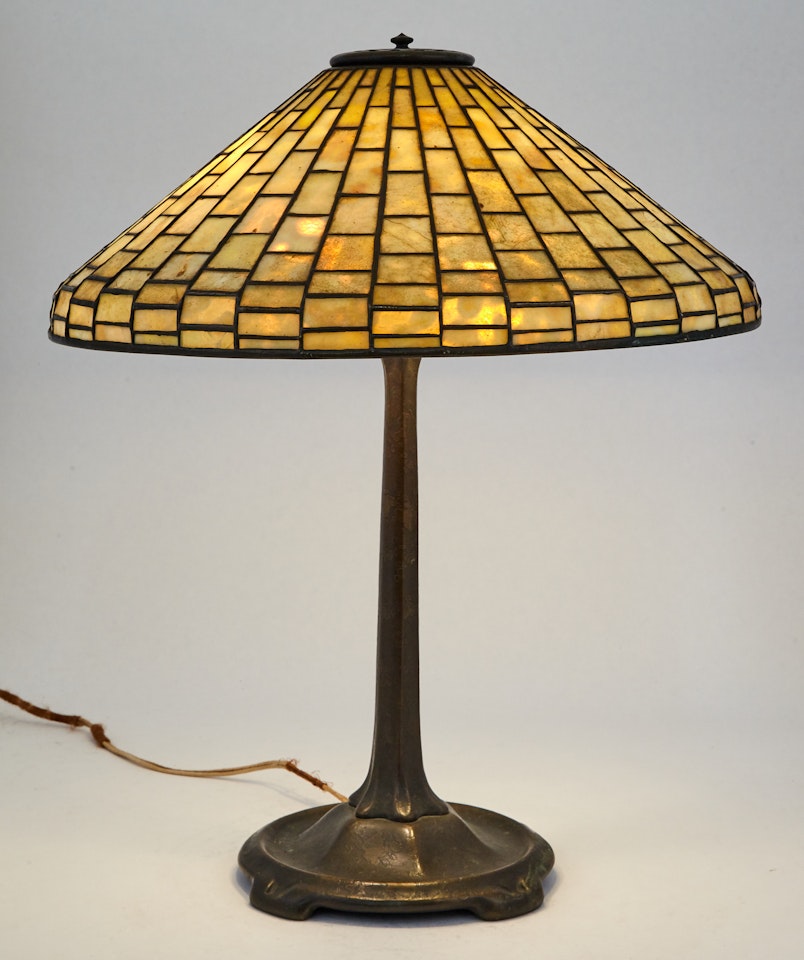 Bronze and Leaded Glass Geometric Table Lamp by Tiffany Studios