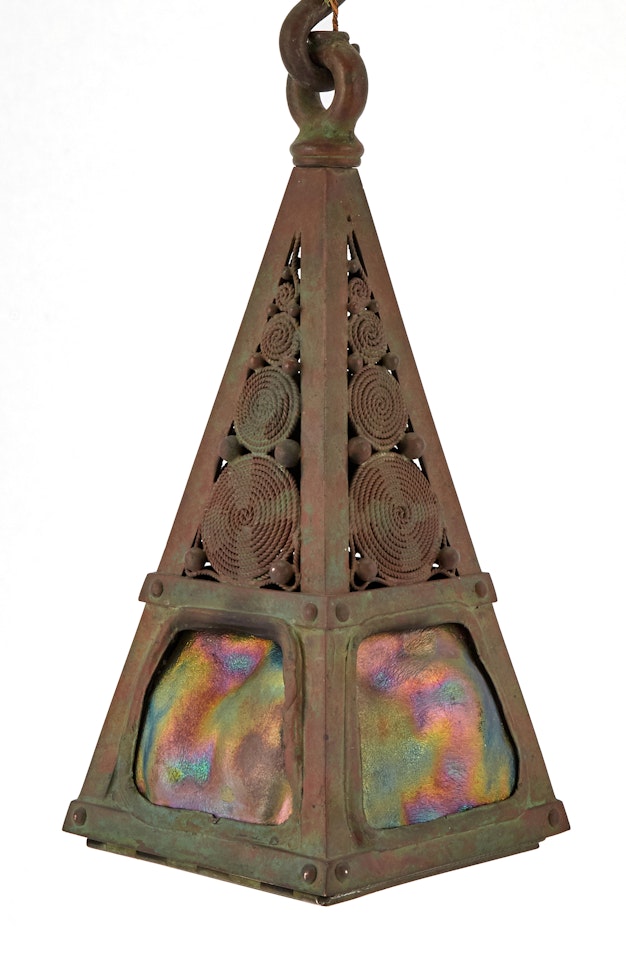Moorish Style Bronze and Favrile Glass Turtleback Hanging Lantern by Tiffany Studios