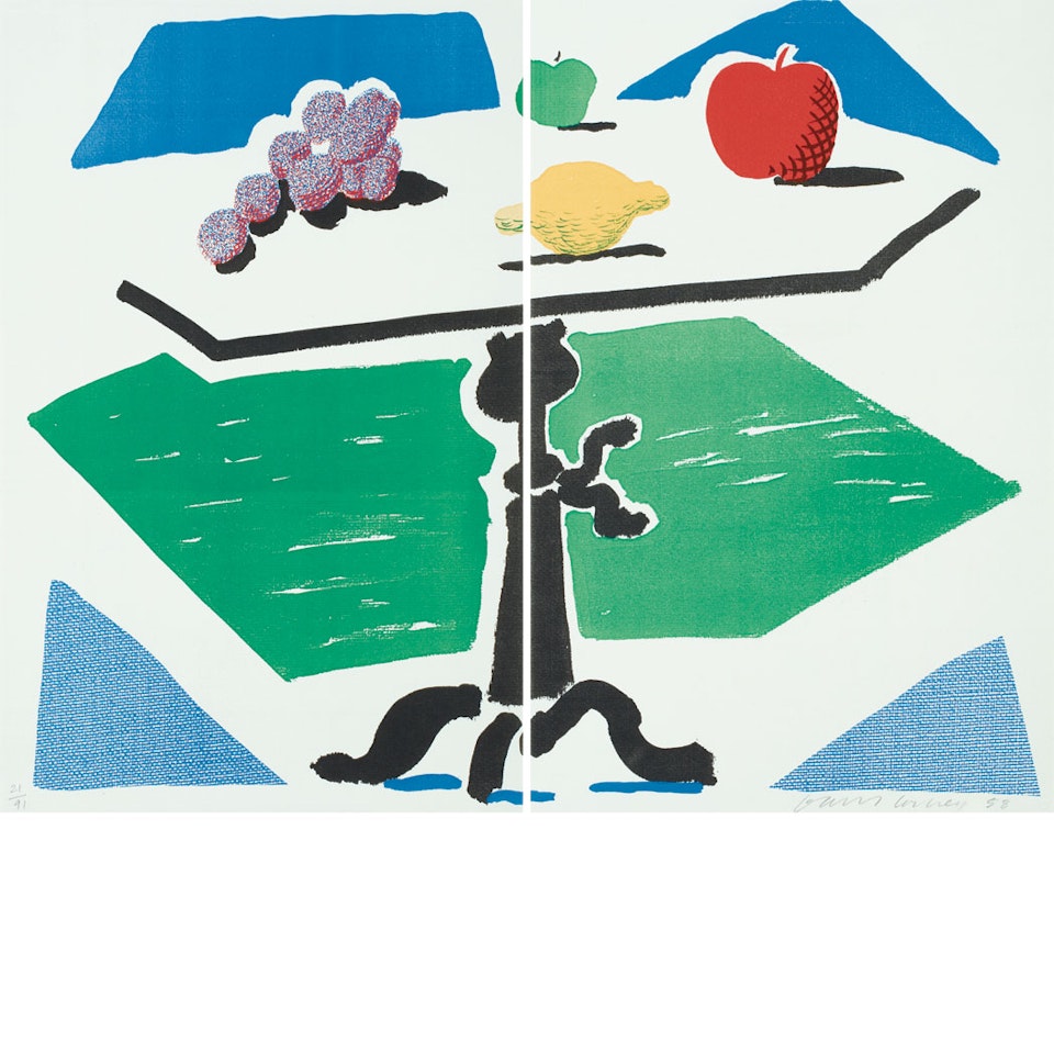 APPLES, GRAPES AND LEMON ON A TABLE by David Hockney