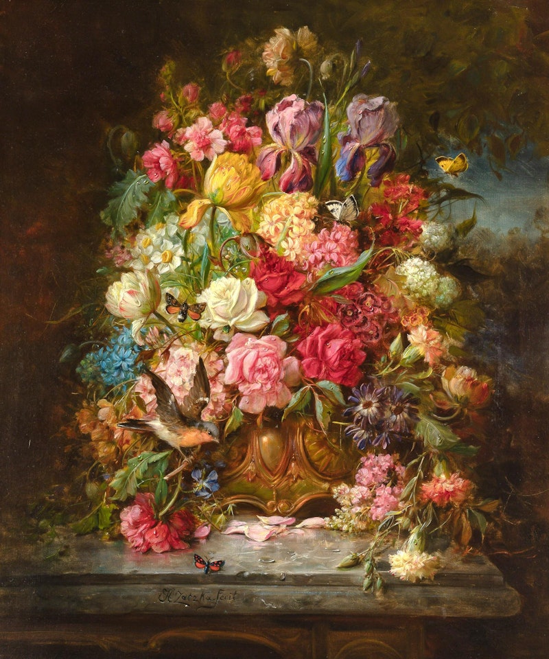 A Still Life of Flowers, Butterflies and a Bird in a Jardiniere Resting on a Marble Ledge by Hans Zatzka
