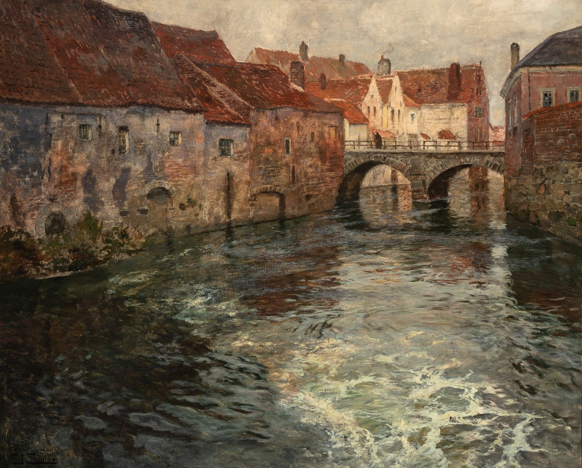 On the Canal from the town Oudenaarde (Audenarde) in Belgium by Fritz Thaulow