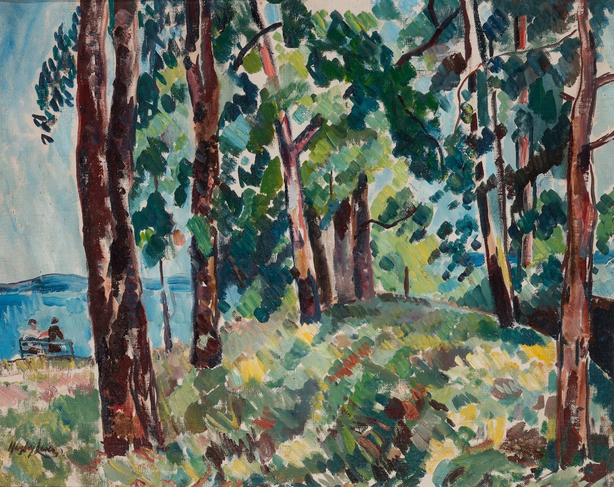 Figures Seated on a Bench near a Stand of Trees by Hayley Lever