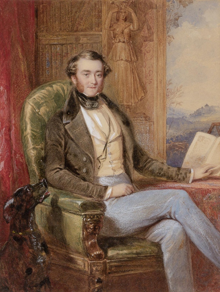 A Gentleman Seated in an Interior, with his Dog by English School