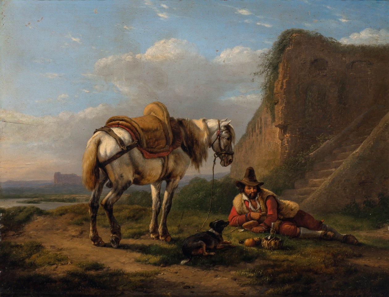 Traveler with his Horse and Dog at Rest beside a Wall by Eugène Joseph Verboeckhoven