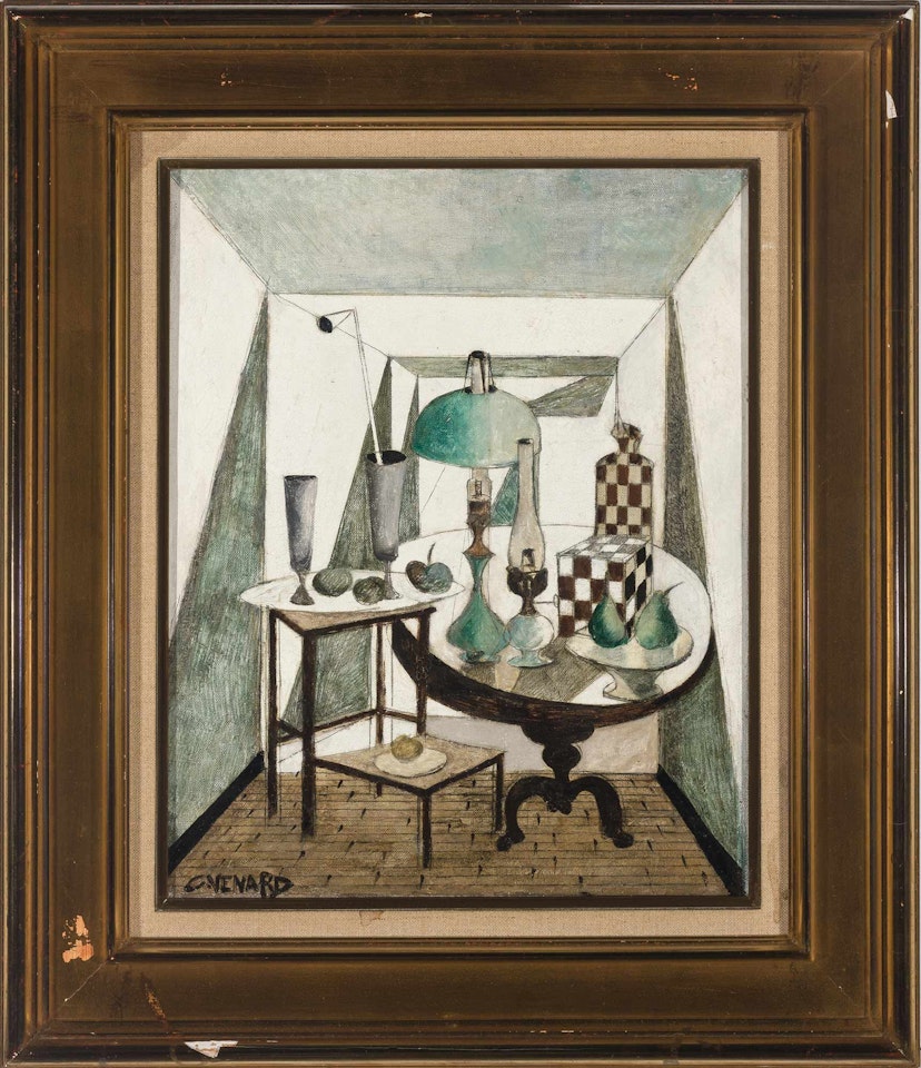 Table Top Still Life with Oil Lamps, Fruit and Vases by Claude Venard