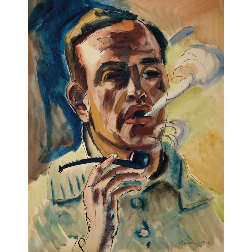 Self Portrait Smoking a Pipe and Landscape Study with Canal and House; a double-sided drawing by Max Pechstein