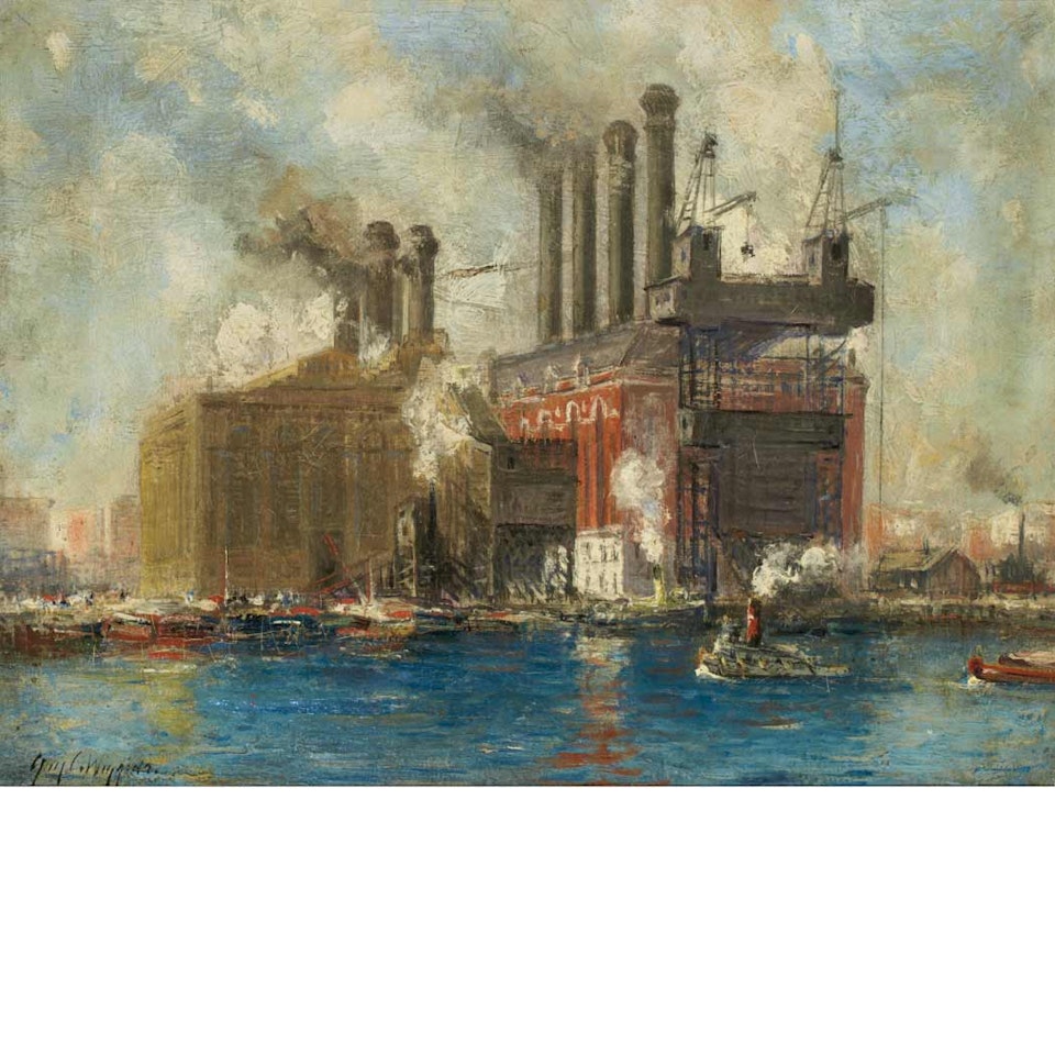 New York City Power Plant and Tugboats by Guy Carleton Wiggins