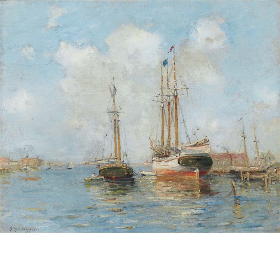 Sailing Ships in a Harbor by Guy Carleton Wiggins