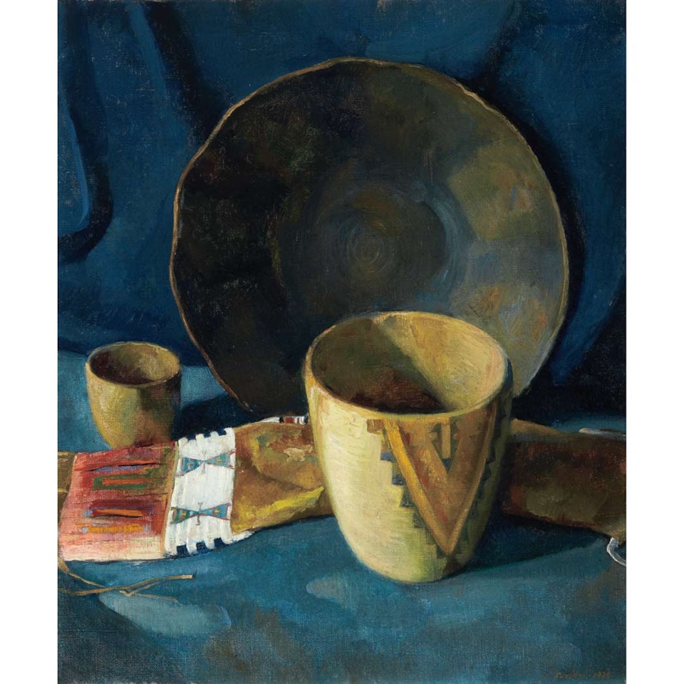 Still Life with Native American Bowls and Tobacco Pouch by Luigi Lucioni