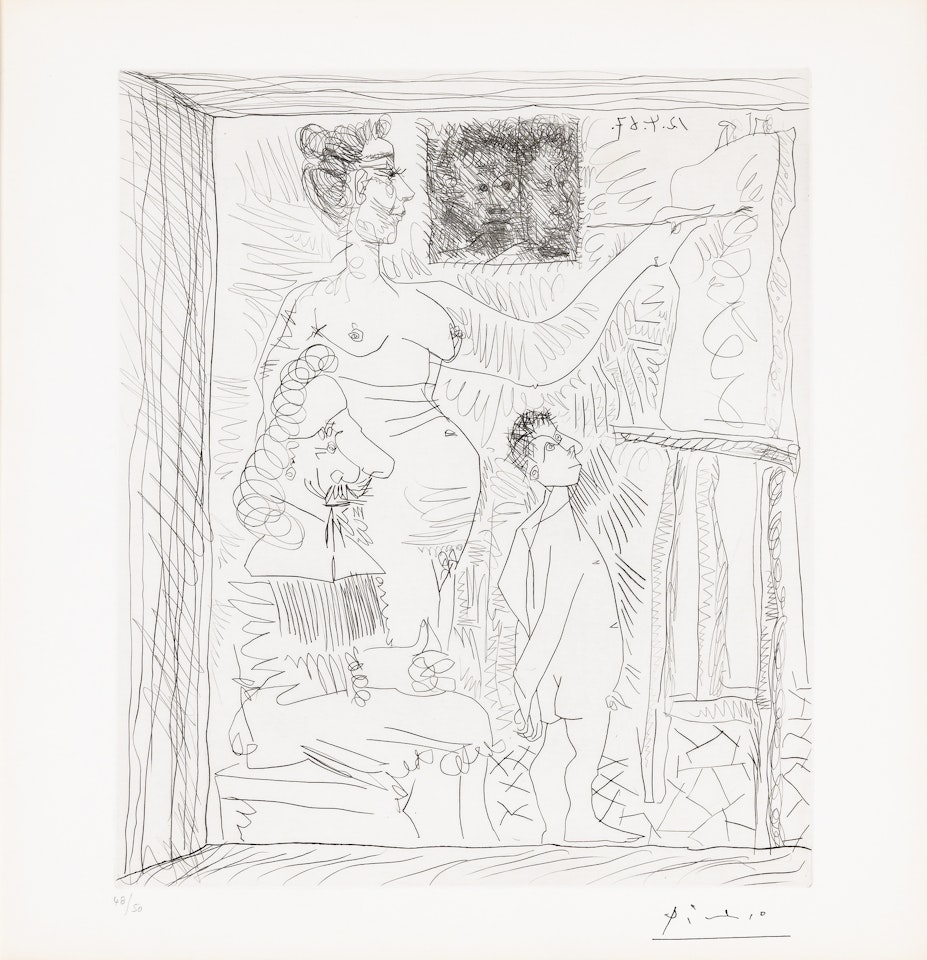 L"INSPIRATION TRAVAILLE ET LE PEINTRE SE TOURNE LES POUCES (BLOCH 1449) by Pablo Picasso